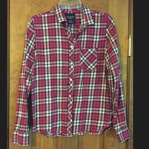 American Eagle Pink and Black Plaid Flannel Shirt